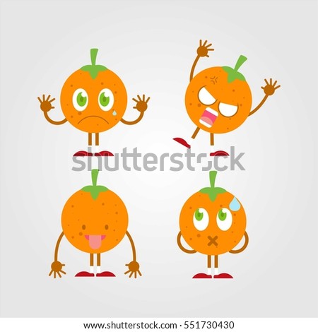 cute and funny orange fruit cartoon set with various emotion and face with grey background for kids and children