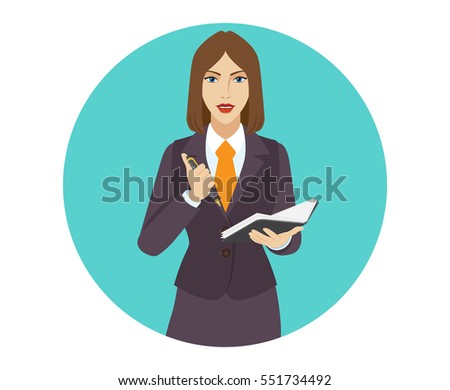 Businesswoman with pen and pocketbook. Portrait of businesswoman in a flat style. Vector illustration.