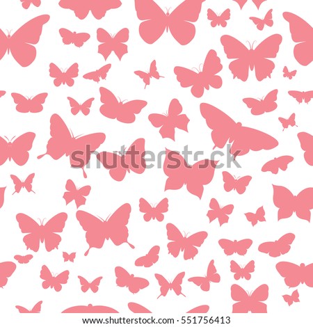 Pink butterflies on a white background. Seamless butterflies pattern. Vector illustration