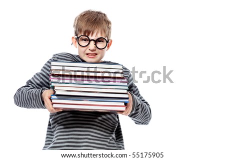Educational theme: funny teenager with books. Isolated over white background.