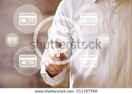 Businessman pushing button dollar currency icon credit card web network.