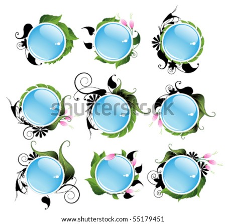 Set of bright icons of environment. Conceptual aqua buttons.