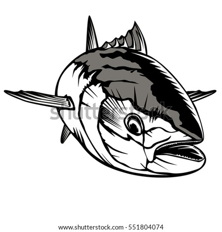 Tuna fishing logo isolated on white. Blue and white vector illustration.