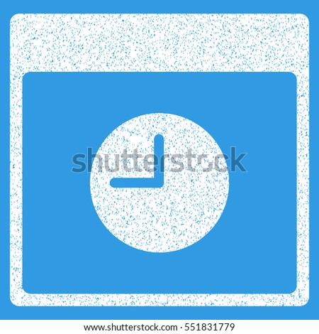Clock Calendar Page grainy textured icon for overlay watermark stamps. Flat symbol with dust texture. Dotted vector white ink rubber seal stamp with grunge design on a blue background.