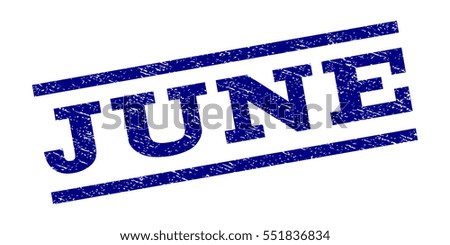 June watermark stamp. Text caption between parallel lines with grunge design style. Rubber seal stamp with unclean texture. Vector navy blue color ink imprint on a white background.