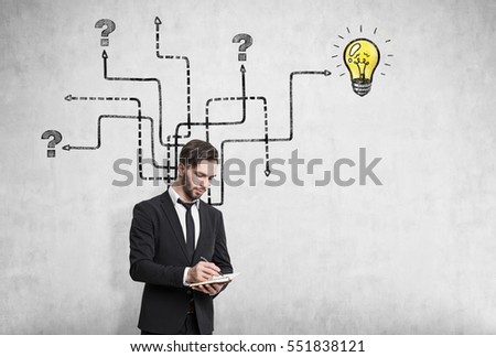 Bearded businessman in a suit is standing near a concrete wall with tangled arrows, question marks and a yellow light bulb sketch behind his back. Mock up