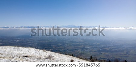 Aerial Drone views from the Swiss Mountain range across Geneva to the french alps