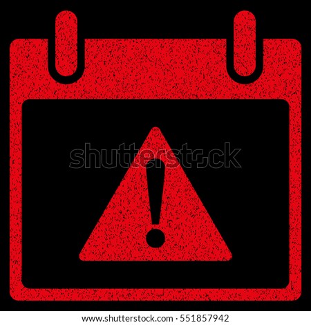 Warning Calendar Day grainy textured icon for overlay watermark stamps. Flat symbol with unclean texture. Dotted vector red ink rubber seal stamp with grunge design on a black background.