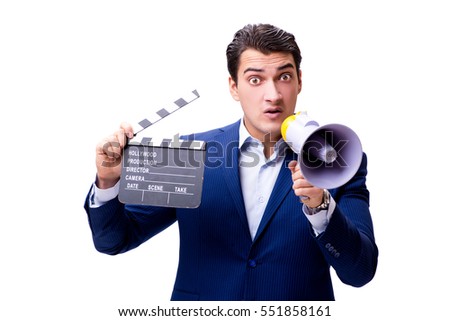 Handsome man with movie clapper isolated on white