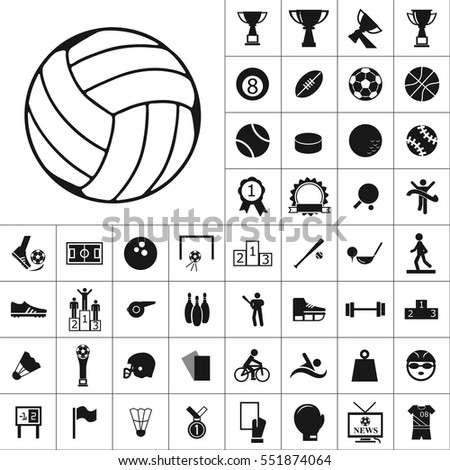 Set of Sports Icons. Contains such Icons as Wineglass, Medallion, Ragby Ball, Soccer Ball,Bowling,Muscle, Swimming, Skiing, Volleyball and more. Editable Vector. Pixel Perfect.