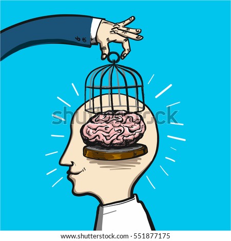 the liberation and freedom of the mind - conceptual vector illustration of hand lifting cage in brain