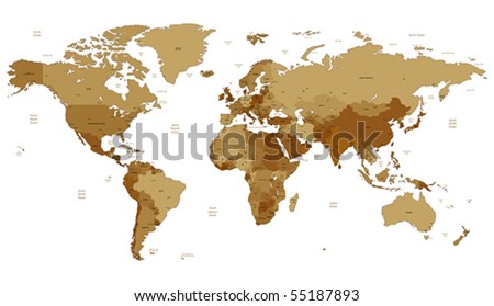 Detailed vector World map of brown sepia colors. Names, town marks and national borders are in separate layers.