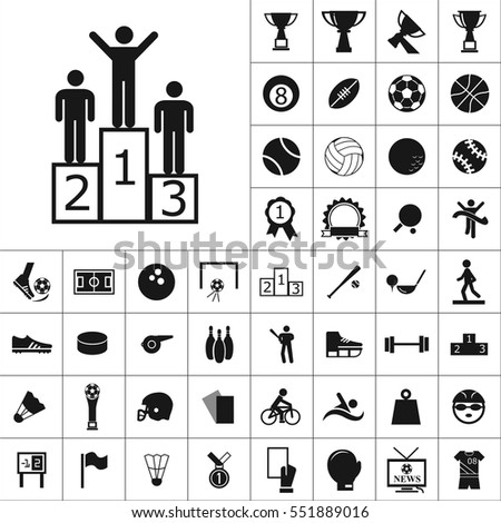 Set of Sports Icons. Contains such Icons as Wineglass, Medallion, Ragby Ball, Soccer Ball,Bowling,Muscle, Swimming, Skiing, Volleyball and more. Editable Vector. Pixel Perfect.
