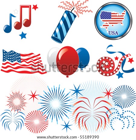 Vector Illustration for the 4th of July Independence. Set of Icons and Buttons.
