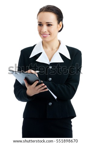 Portrait of happy smiling businesswoman writing, isolated on white background