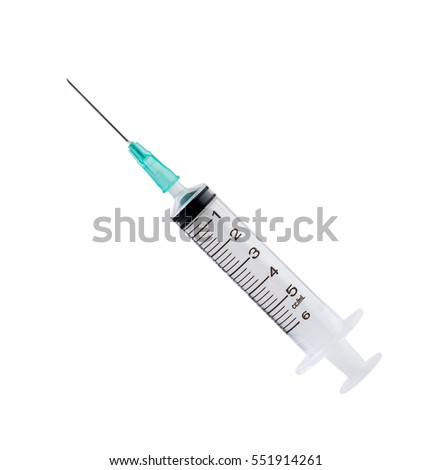 Close-up of medical syringe isolated on white background. Royalty-Free Stock Photo #551914261