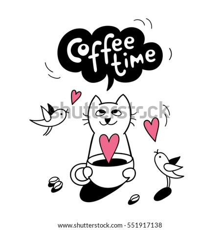 Coffee time. Funny cat holds a cup of coffee. Vector illustration. Cute character design and graphic elements. Cartoon hand drawn style. Perfect for greeting cards, stickers, posters.