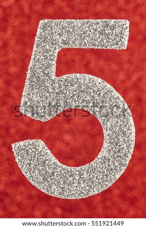 Number five silver color over a red background. Anniversary. Vertical