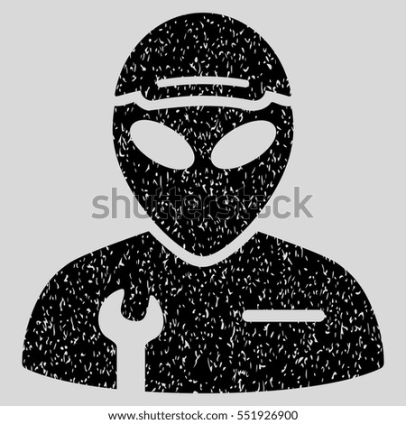 Alien Serviceman grainy textured icon for overlay watermark stamps. Flat symbol with dust texture. Dotted vector black ink rubber seal stamp with grunge design on a light gray background.