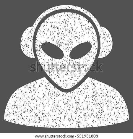 Alien Operator grainy textured icon for overlay watermark stamps. Flat symbol with unclean texture. Dotted vector white ink rubber seal stamp with grunge design on a gray background.