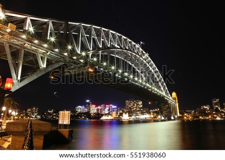 Sydney Harbour night time Panorama with bridge  in North Sydney, Australia
