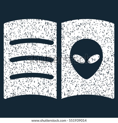 Alien Face Book grainy textured icon for overlay watermark stamps. Flat symbol with unclean texture. Dotted vector white ink rubber seal stamp with grunge design on a dark blue background.