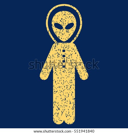 Alien Skafandr grainy textured icon for overlay watermark stamps. Flat symbol with dirty texture. Dotted vector yellow ink rubber seal stamp with grunge design on a blue background.