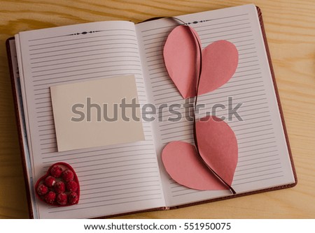 notebook, background for the labels, place for photo, pink hearts