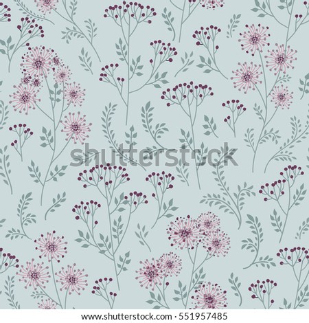 Floral pattern with leaves and flowers. Ornamental herb branch seamless background. Nature plant doddle spring ornament 