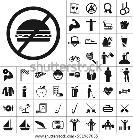Set of Sports Icons. Contains such Icons as Apple, Medallion, Golf, Ship,Bowling,Muscle, Kcal, Skiing, Volleyball and more. Editable Vector. Pixel Perfect.
