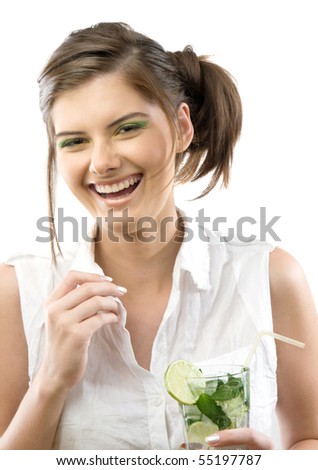 pretty girl with mojito isolated on white