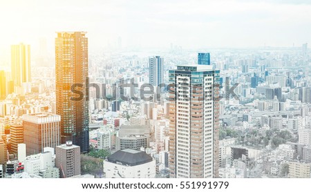 Asia Business concept for real estate - panoramic modern cityscape building bird eye aerial view under sunrise and morning blue bright sky in Osaka, Japan, mix with hand drawn sketch illustration