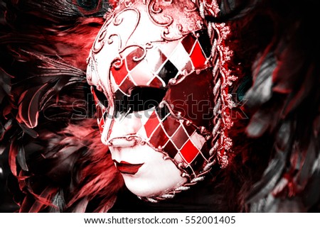 Venetian mask with plumage. Toned photo.