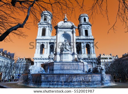 Fountain of Saint Sulpice (created in 1844) and the church Saint Sulpice in the center of Paris, France -  infrared image