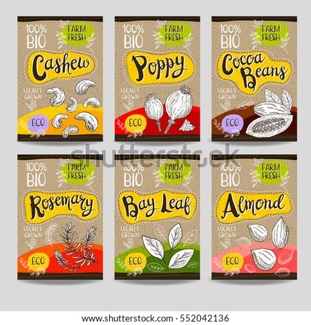 Set of colorful labels, sketch style, food, spices, cardboard texture. Cashew, poppy, cocoa beans, almond, bay leaf, rosemary. Vegetables, farm fresh, locally grown. Hand drawn vector illustration.