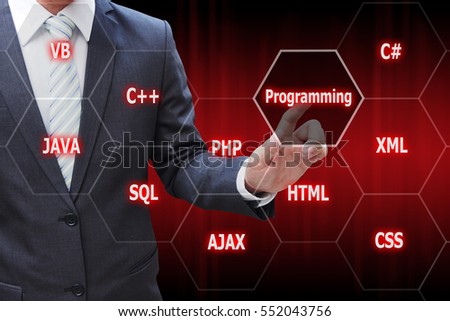 Programmer hand touching virtual panel of programming languages, Computer technology concept