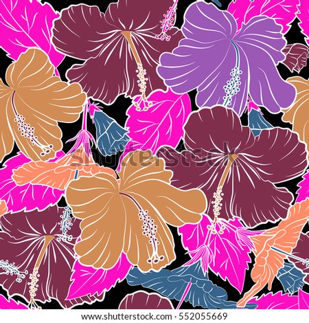 Best creative design for fabric, textile. Vector seamless pattern. Aloha Hawaii, Luau Party invitation on black background with hibiscus flowers in orange, violet, purple colors. Aloha T-Shirt design.