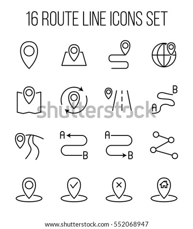 Set of route in modern thin line style. High quality black outline pin symbols for web site design and mobile apps. Simple linear route pictograms on a white background.