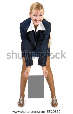 Businesswoman holding blank paper on white background