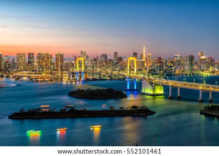 Tokyo skyline with Tokyo tower and rainbow bridge at sunset in Japan