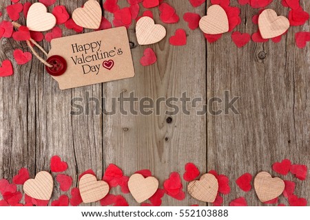 Happy Valentines Day gift tag with scattered wooden hearts and confetti double border on a rustic wood background