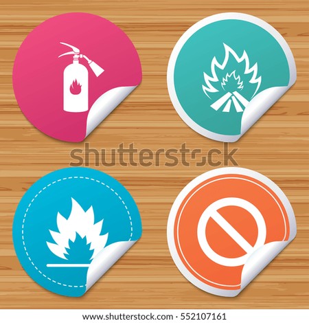 Round stickers or website banners. Fire flame icons. Fire extinguisher sign. Prohibition stop symbol. Circle badges with bended corner. Vector