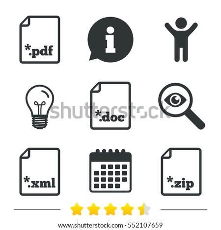 Download document icons. File extensions symbols. PDF, ZIP zipped, XML and DOC signs. Information, light bulb and calendar icons. Investigate magnifier. Vector