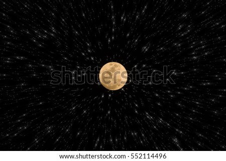 Night sky with abstract star fall and orange full moon.