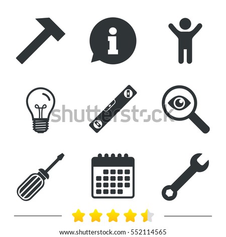 Screwdriver and wrench key tool icons. Bubble level and hammer sign symbols. Information, light bulb and calendar icons. Investigate magnifier. Vector