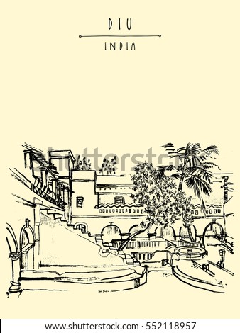 Diu, India. Amazing old traditional Portuguese colonial courtyard. Artistic freehand drawing. Travel sketch. Touristic poster, banner or postcard with hand lettering in vector