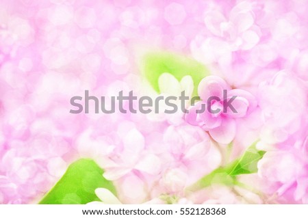Spring blossoming lilac, selective focus, shallow DOF, toned, light and heart bokeh background, pastel and soft card