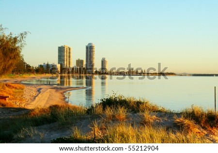 View of Runaway Bay on the Gold Coast in Australia from the Broadwater at sunrise. Royalty-Free Stock Photo #55212904