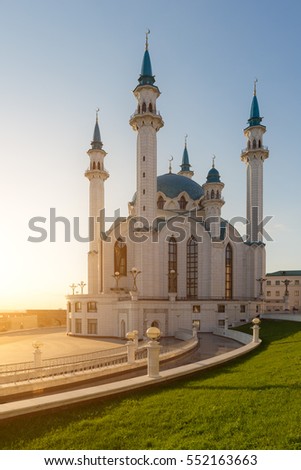 Image of Kul Sharif mosque. Kazan city, Tatarstan, Russia. Beautiful and sophisticated mosque in sunset light. Minarets looking to the sky. The mosque is located inside the ancient Kremlin