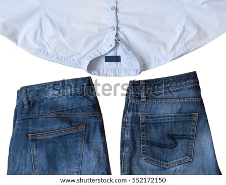 Fashionable men's jeans wear isolated on white background. Classic denim clothing.